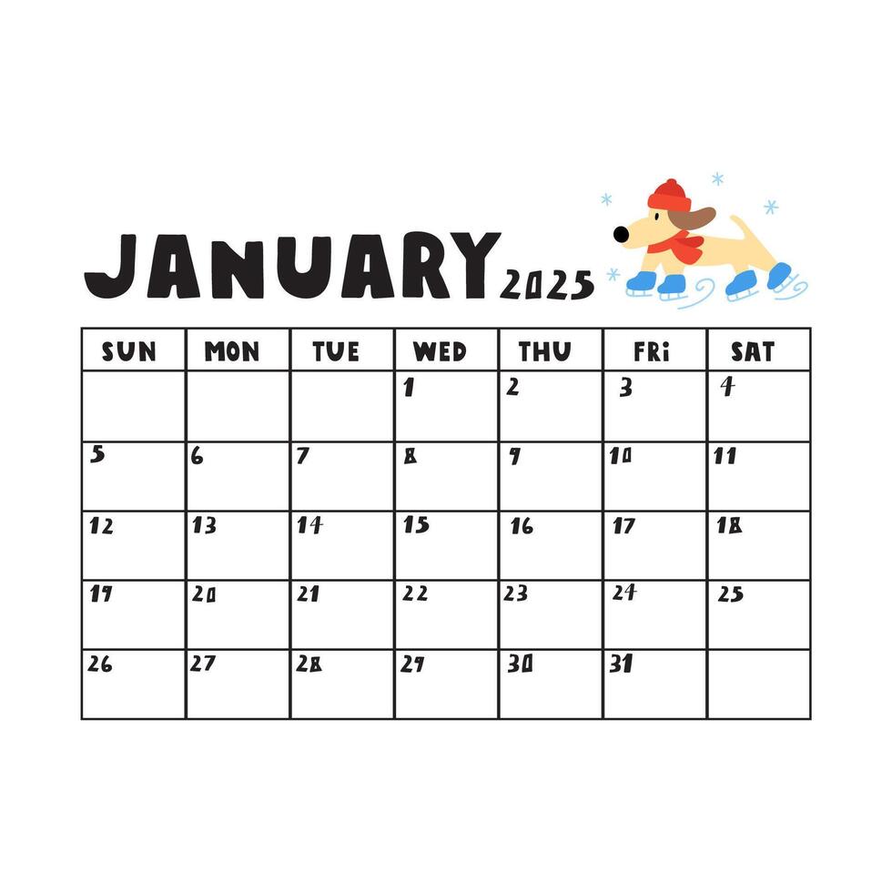 January 2025. Template calendar. Simple planner design. Hand drawn illustration on white background. vector