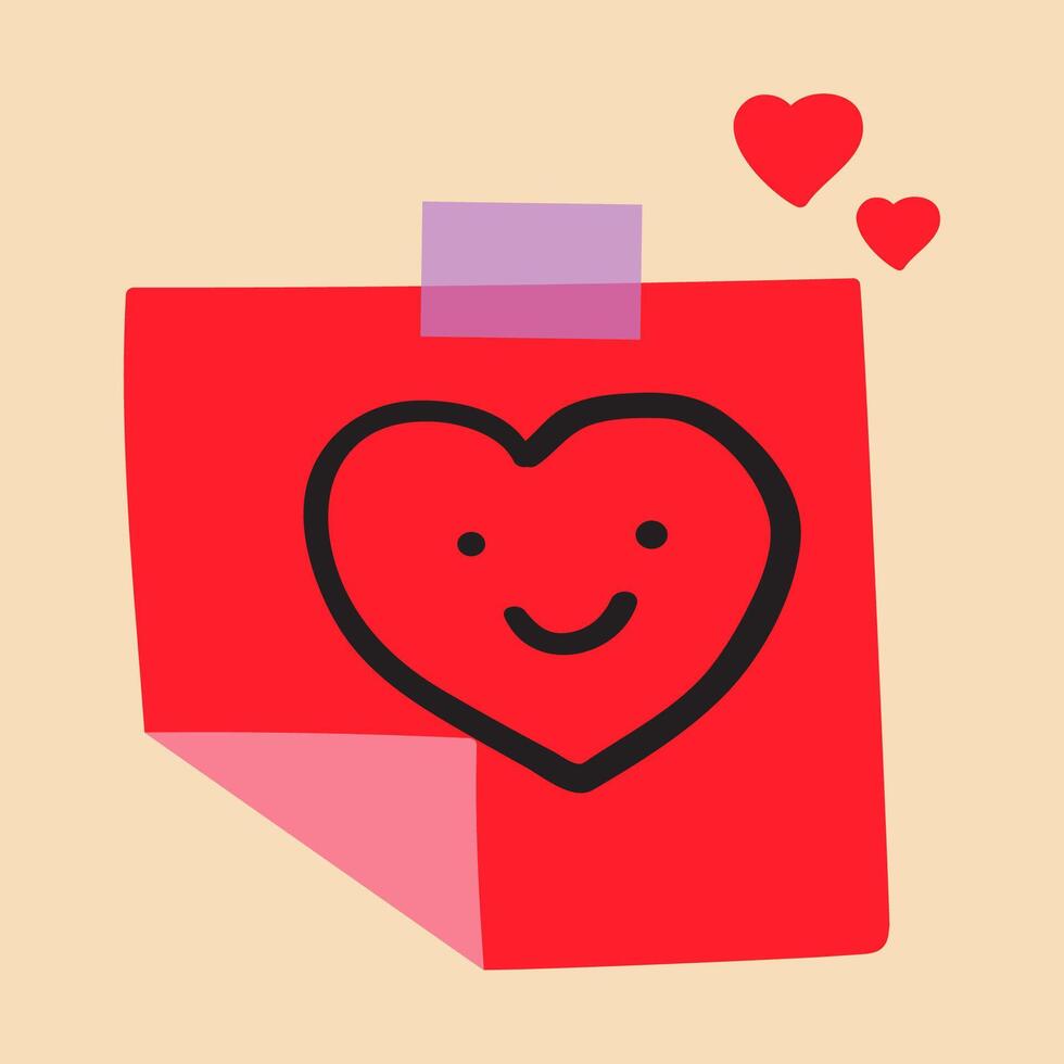 Red paper note with smiling cute heart. Design for St. Valentine's day. Illustration. design. vector