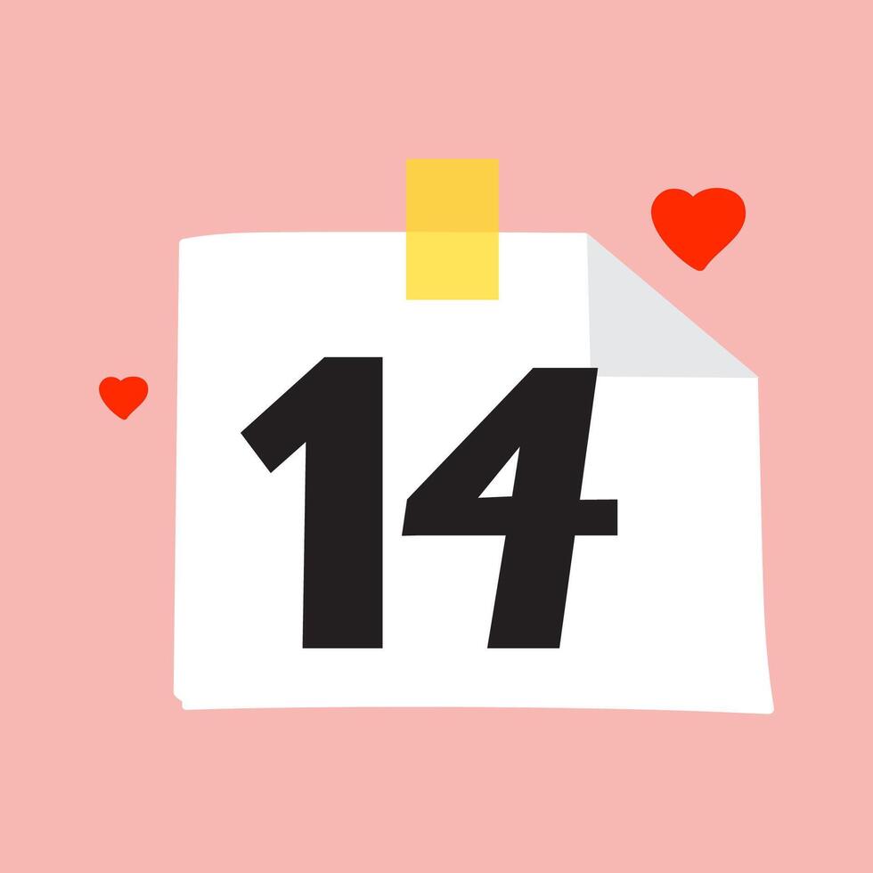 Paper note with number - 14 and two little hearts. Design for St. Valentine's day. Illustration on white background. vector