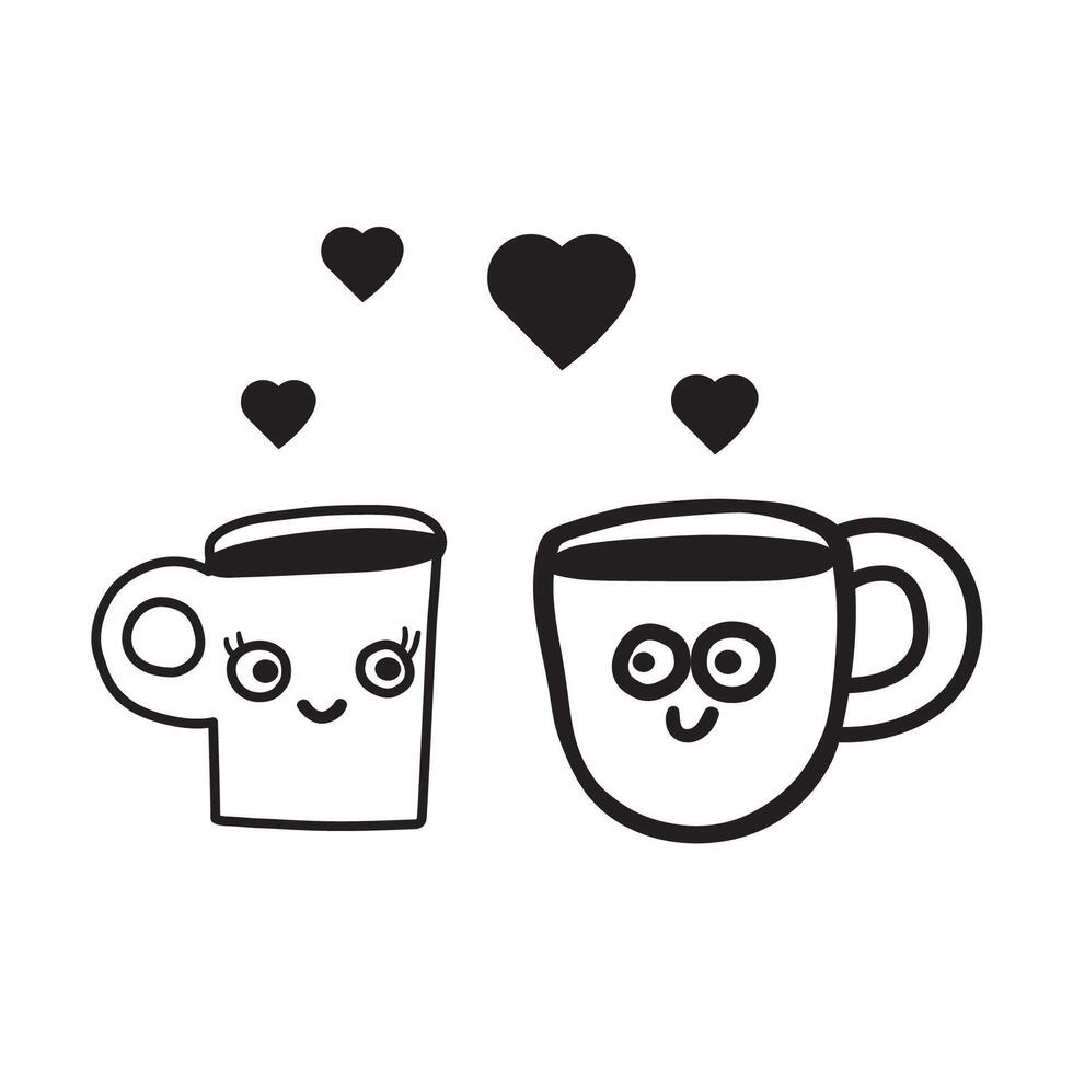 Coffee cups fall in love. Funny romantic scene. Design for Valentine's day. outline illustration. vector