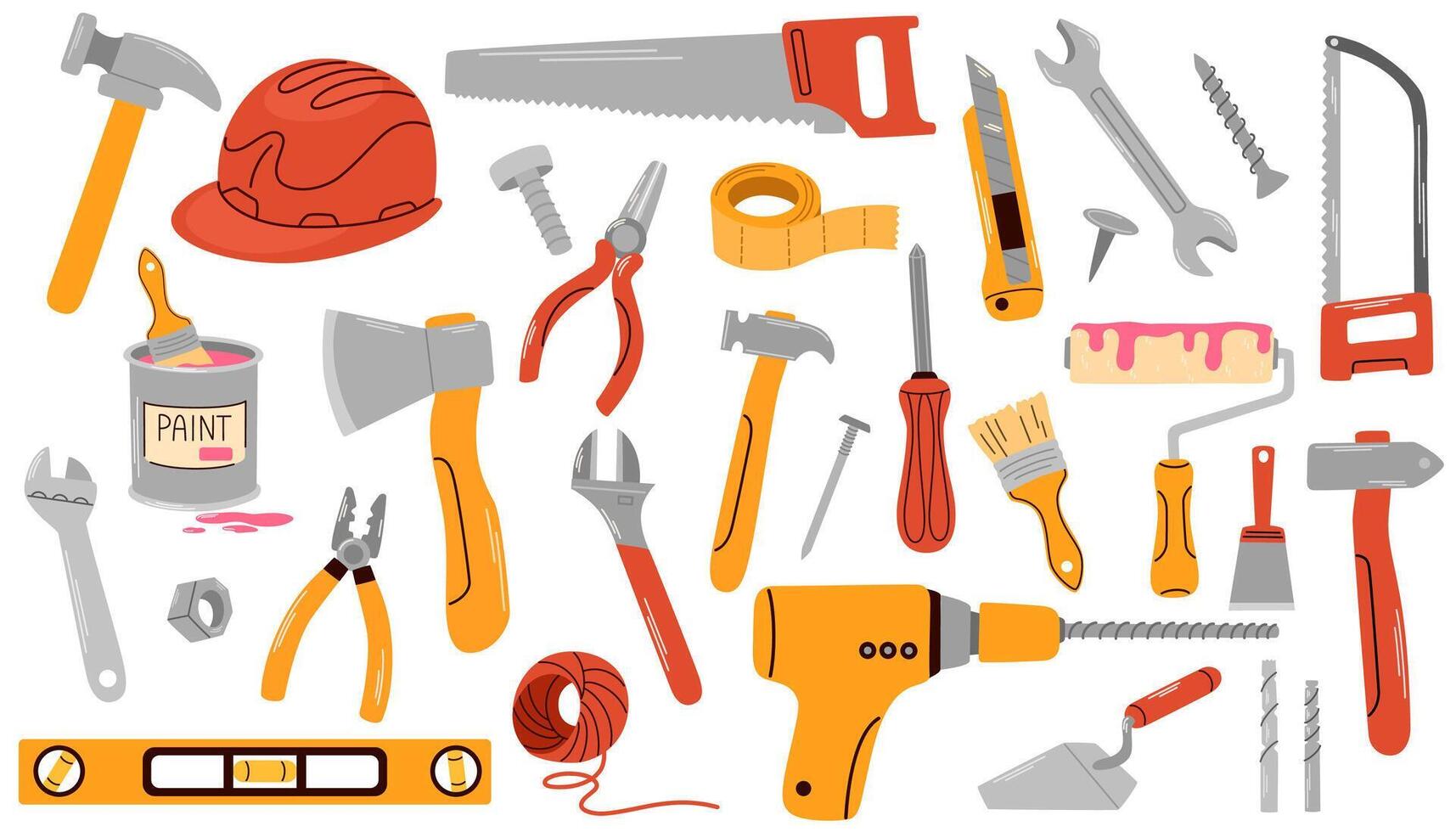 Repair worker tools set. Cartoon different instrument equipment, saw, ruler, screwdriver, hammer, plastering trowel, paint brush. Construction, Building, repair concept. illustration vector