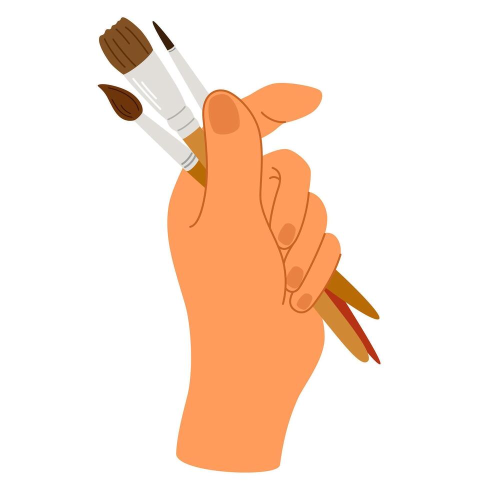 Paint brushes in hand. Art supplies and accessories, different painting and drawing bristle tools, artists stationery. Holding paintbrushes. Flat illustration isolated on white background vector