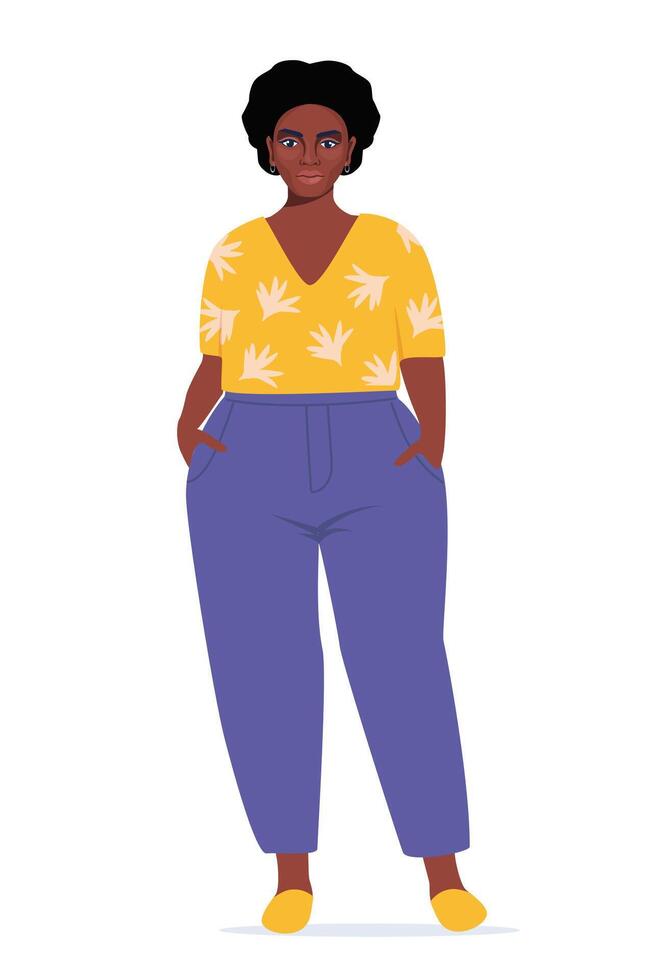 Body positive black woman. Plus size female character. Attractive curvy, overweight girl. Oversize obesity, pretty large lady in beautiful fashionable clothes. illustration. vector