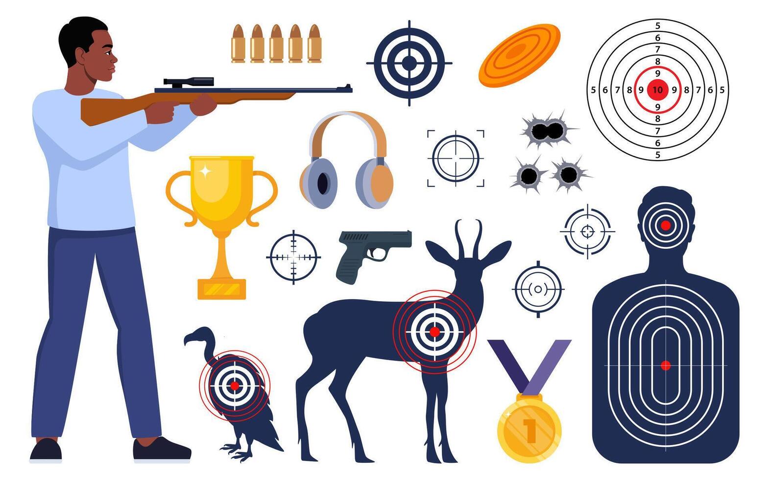 Shooting and hunting equipment elements. Shooting Skeet. Shooting club and range weapons and accessories. Shooter, rifle, bullet, headphones, gold cup, medal. Human, animal shoot target. . vector