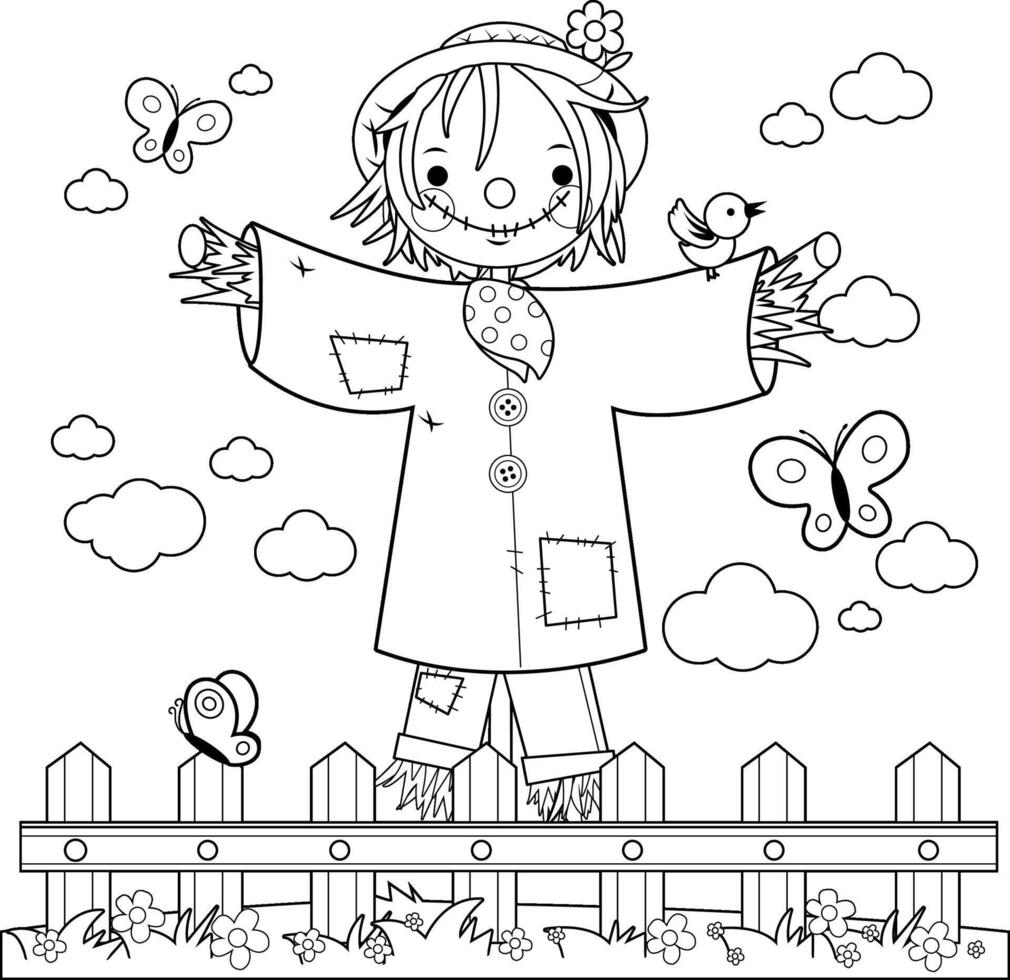 Scarecrow in the field behind a wooden fence. Cute cartoon scarecrow in the field with birds and butterflies. Black and white coloring page. vector