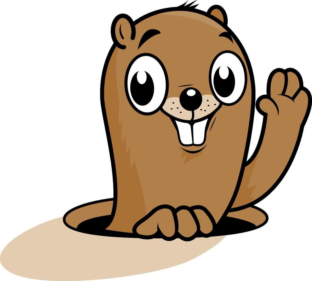 Happy groundhog day. Cartoon groundhog peeking out of a hole in the ground. Cartoon groundhog character. vector