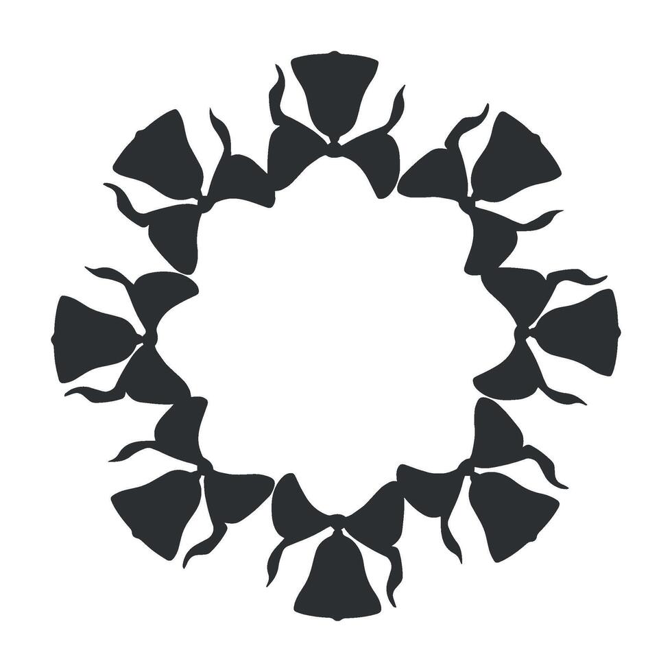 Bells with bows. graphic black and white illustration. Christmas round frame. Black and white border with jingles. Background for winter holiday. Festive template for card, window, packaging. vector