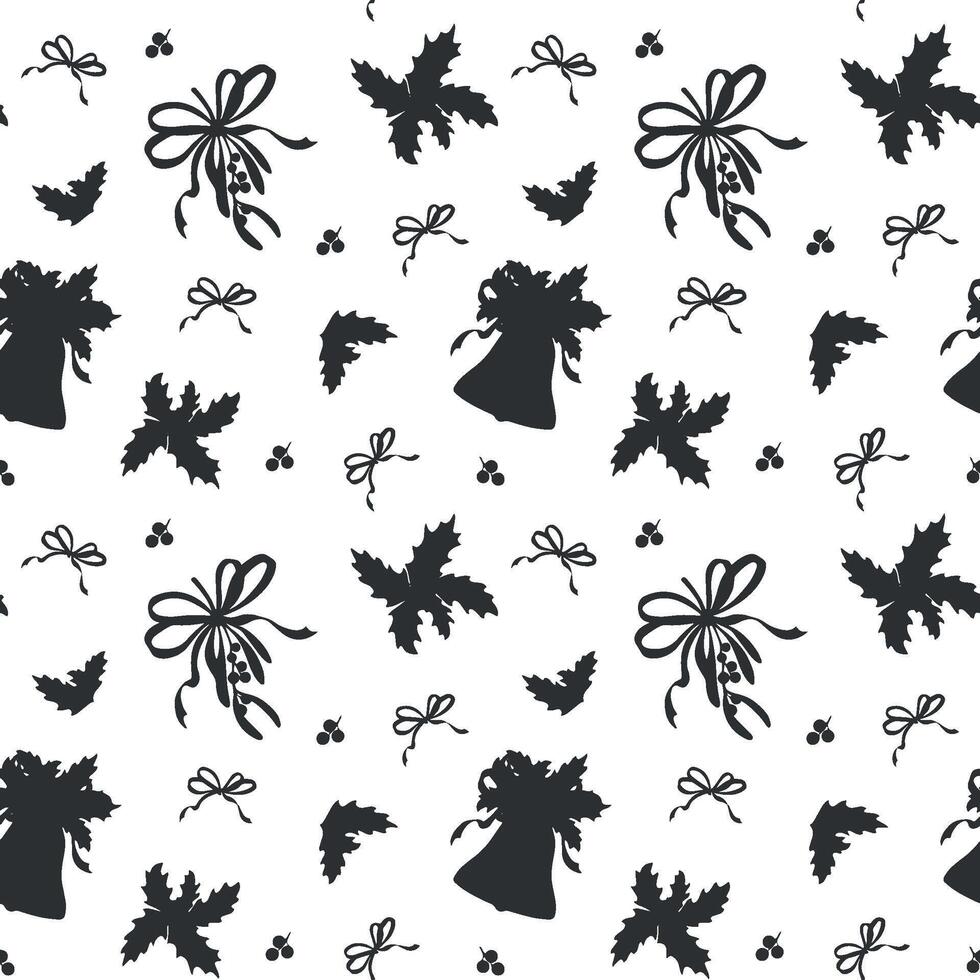Christmas bell, mistletoe witn bow and holly. Seamless pattern. graphic illustration for New Year design. Winter holiday background. Festive template for showcase, wallpaper, wrapping, fabric. vector