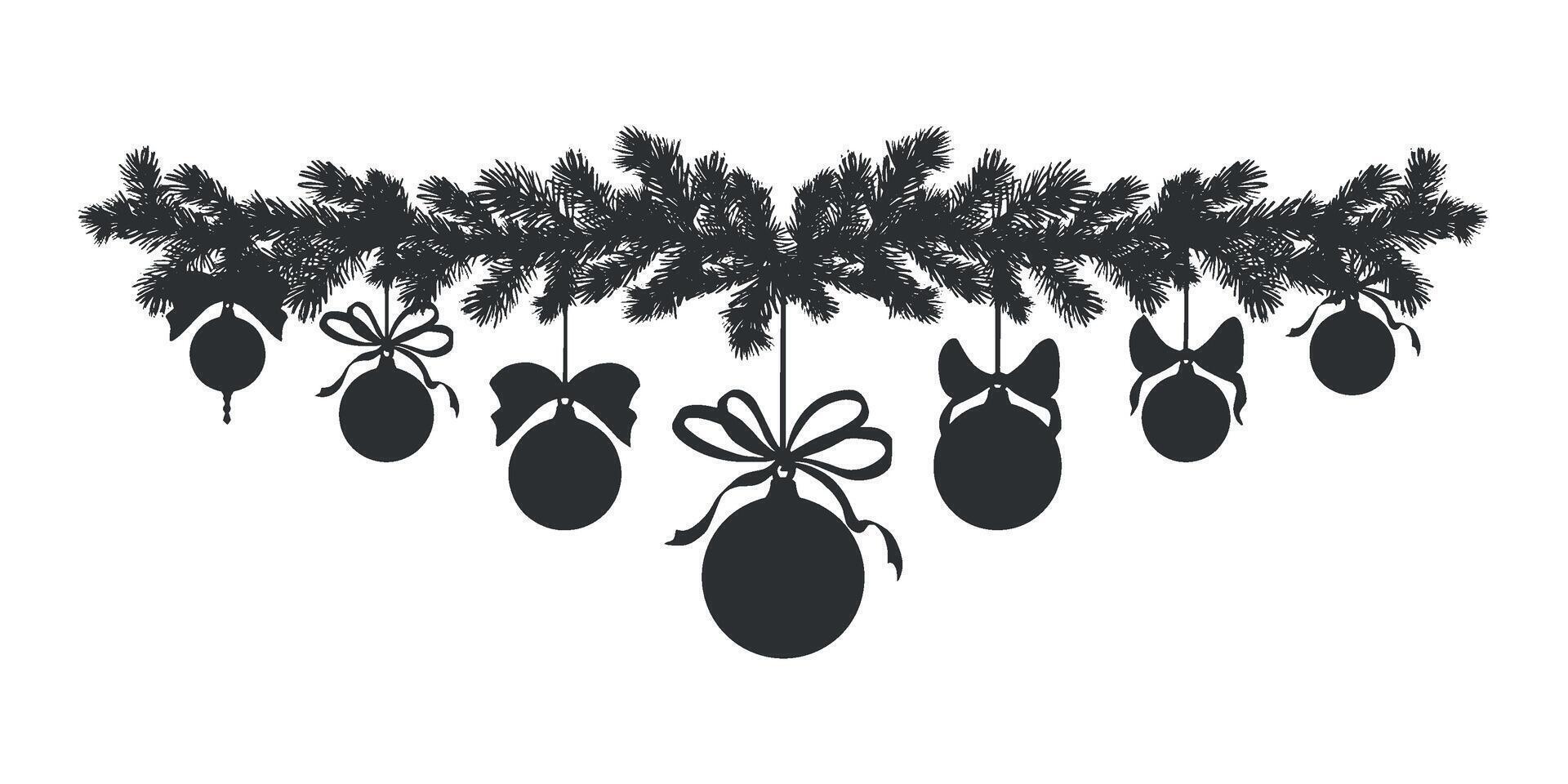 Christmas tree balls with bows on pine branch. graphic frame. Black and white illustration. Winter border of spruce twig. New Year decorating. Holiday template for postcard, window, packaging. vector