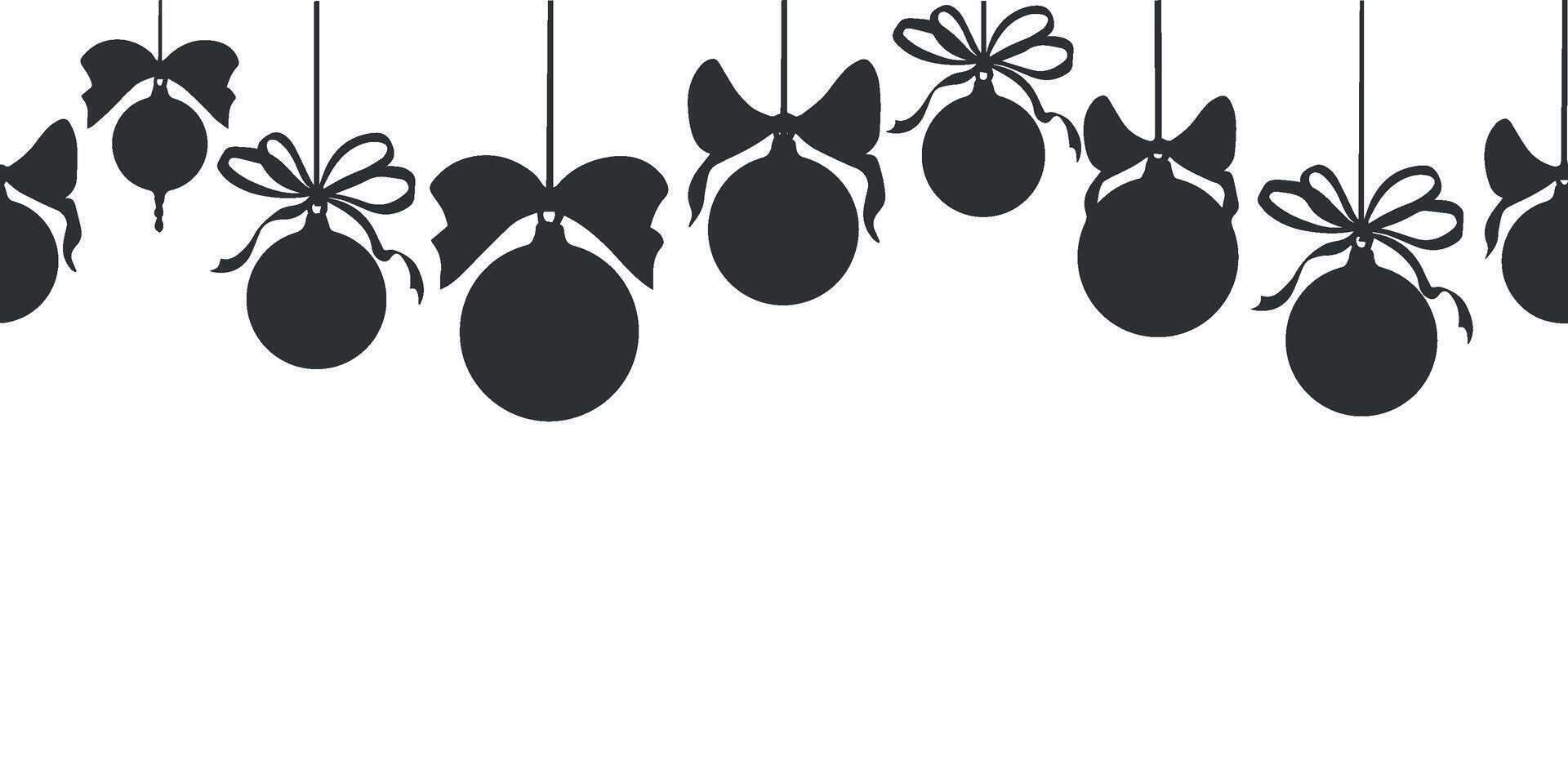 Christmas tree balls with silk bows. Seamless border for New Year design. graphic illustration. Winter holiday background. Festive template for postcard, window, wrapping, textile, wallpaper. vector