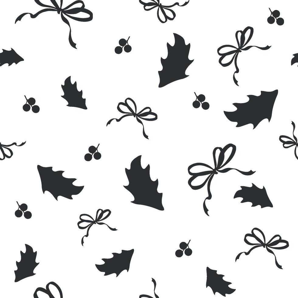 Holly leaves, berries and bows seamless pattern. graphic illustration for Christmas and New Year design. Winter holiday background. Festive template for showcase, wallpaper, wrapping, fabric. vector
