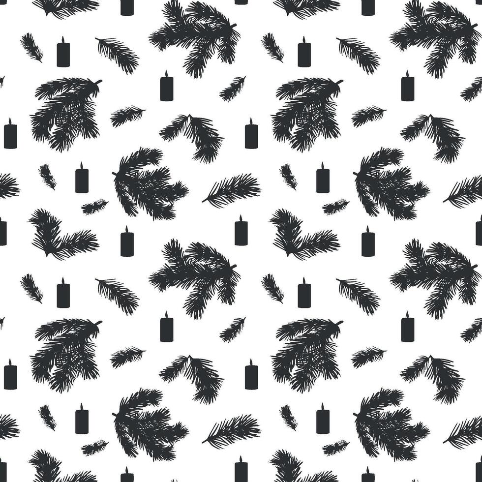 Pine twigs with candles. Christmas seamless pattern. Spruce tree branch. graphic illustration of traditional winter background. Holiday template for New Year card, wrapping, textile, wallpaper. vector