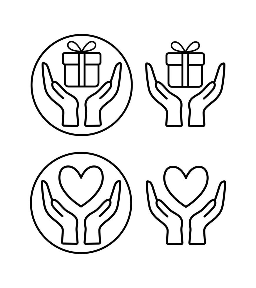 A set of icons, an image of a hand holding a gift and a heart. A set of icons in your hands. Hands holding a gift and a heart-shaped badge. Hands holding a gift and a heart in a flat and linear vector