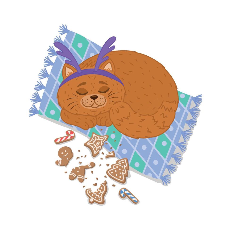 A cute cat sleeps after eating Christmas cookies. A template for the design of a Christmas card. A flat illustration.Merry Christmas and Happy New Year. illustration in a flat style vector