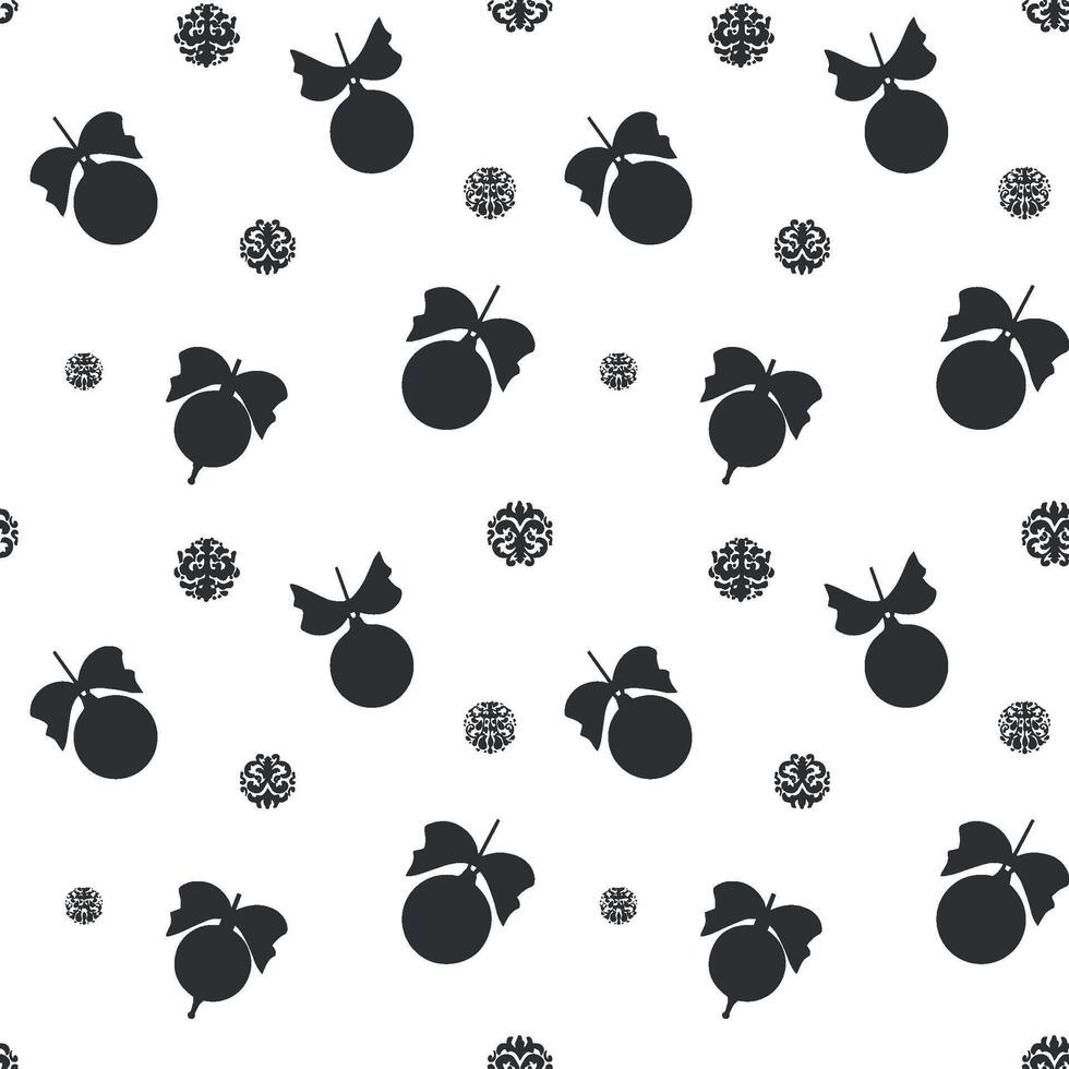 Christmas tree balls witn bows and ornamental elements. Festive seamless pattern. graphic illustration of winter background. Holiday template for New Year card, wrapping, textile, wallpaper. vector