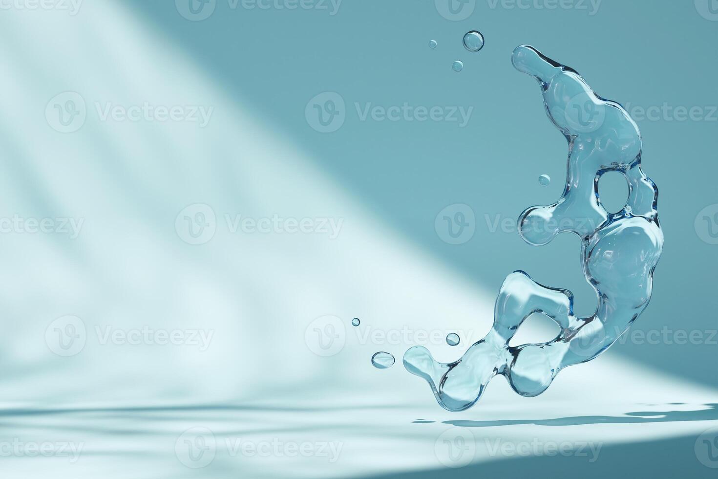 Empty scene with water splashes and copy space for product placement. Ideal for highlighting premium goods. Fresh, blue color. Beautiful light and shadows effect. Product display mockup. 3D render. photo