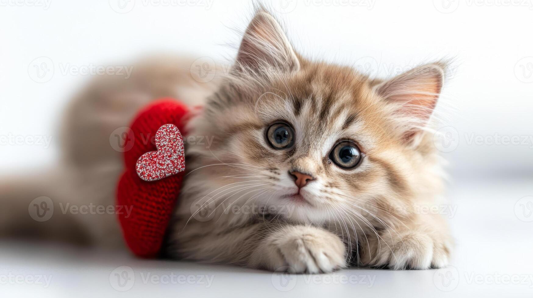 Fluffy Persian cat with red heart accessory, looking adorable and playful. This charming feline captures hearts with its expressive eyes and soft fur photo