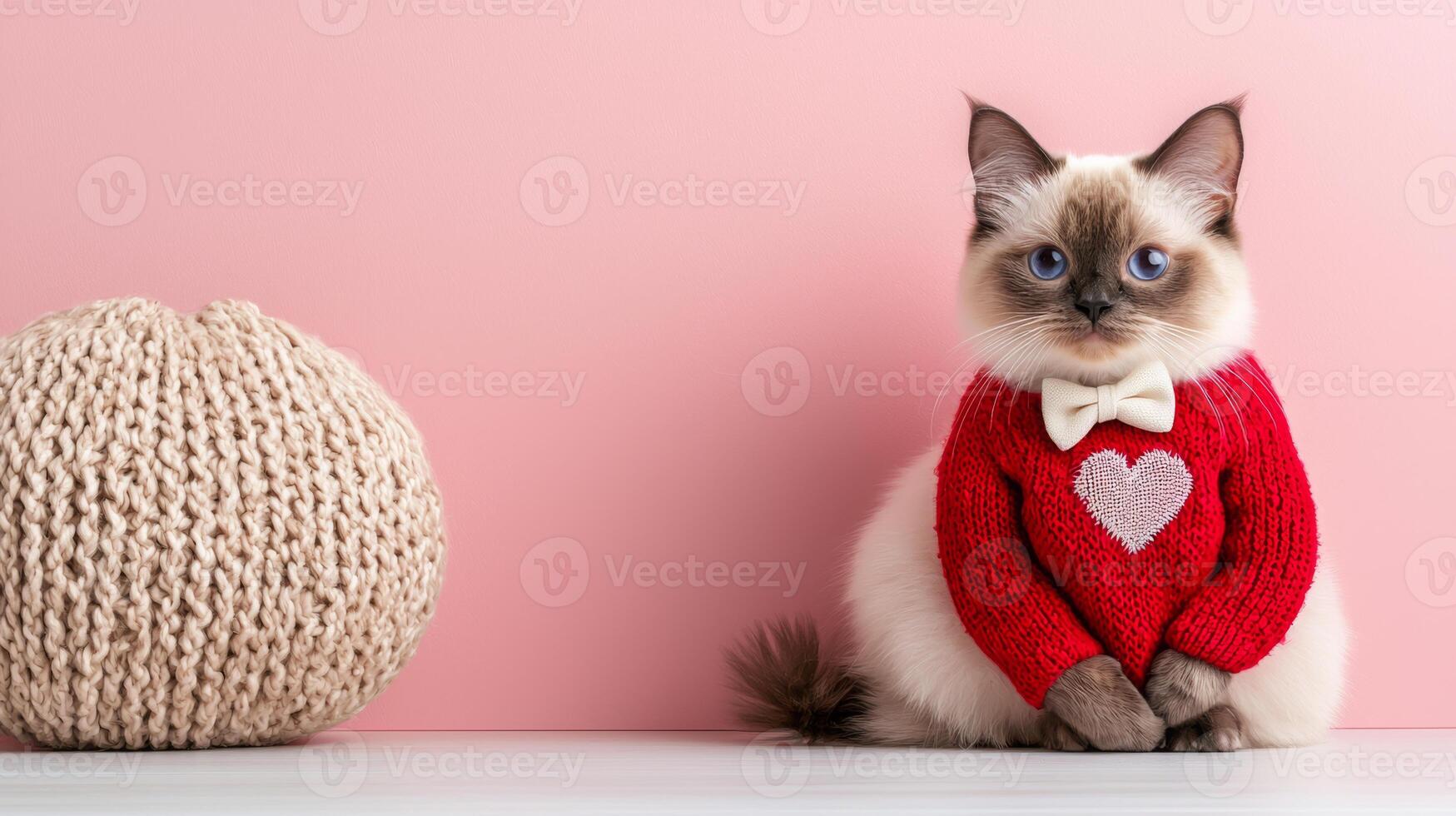 Siamese cat in red sweater with heart, sitting beside knitted ball, exuding charm and warmth photo