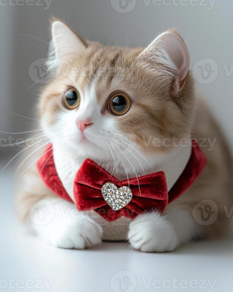 Scottish Fold cat wearing red velvet tuxedo with heart shaped brooch looks adorable and charming. Its big eyes and soft fur add to its delightful appearance photo