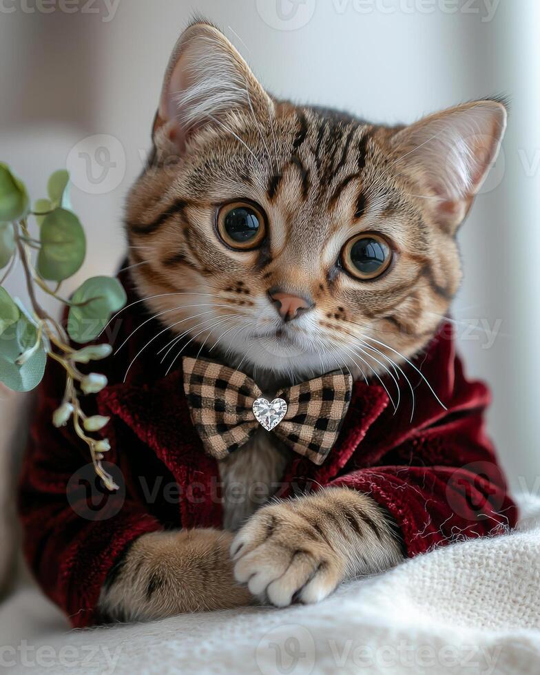 Bengal cat wearing chic red velvet jacket and stylish bow tie poses adorably. Its expressive eyes and elegant outfit create charming and delightful scene photo