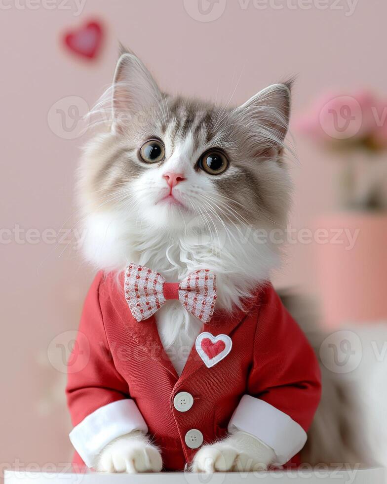 stylish Ragdoll cat in sleek red blazer and heart bow tie exudes charm and elegance. This adorable feline is perfect for any festive occasion photo