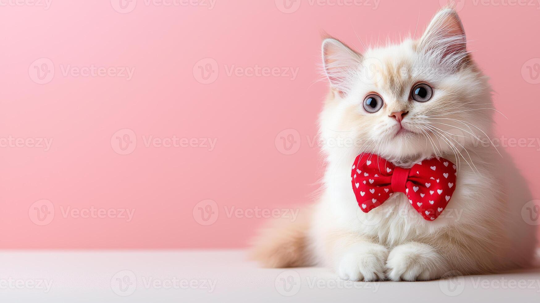 fluffy Persian cat with blue eyes wearing red bow tie on pink background, exuding charm and playfulness photo
