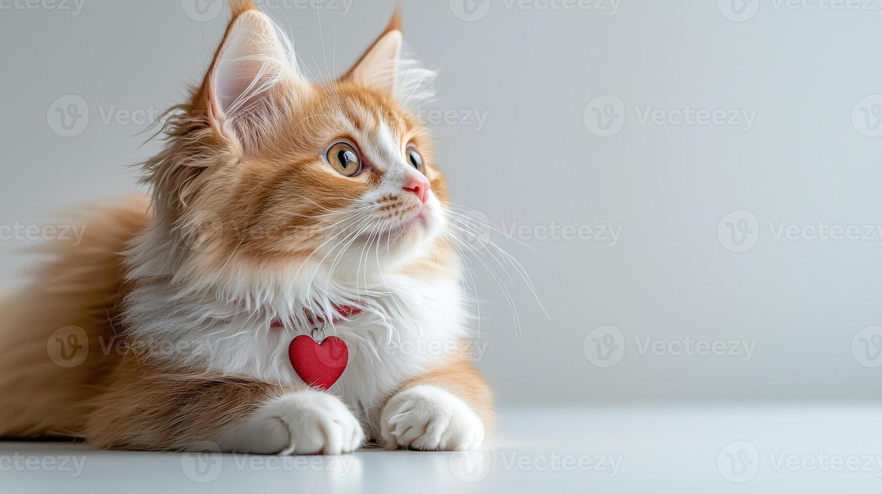 fluffy Maine cat with orange and white fur gazes thoughtfully, wearing red heart shaped collar. Its expressive eyes and soft fur create charming scene photo