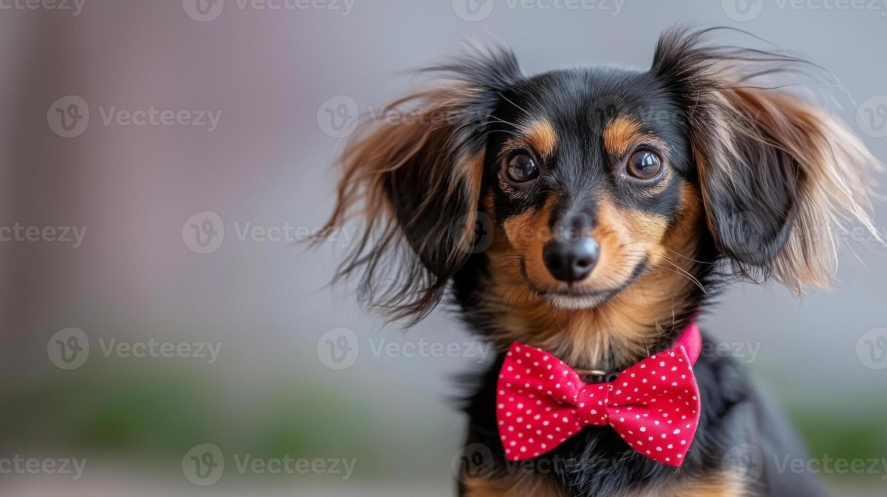 Dachshund wearing red polka dot bow tie, showcasing charming expression. This stylish dog captures attention with its playful demeanor and adorable features photo