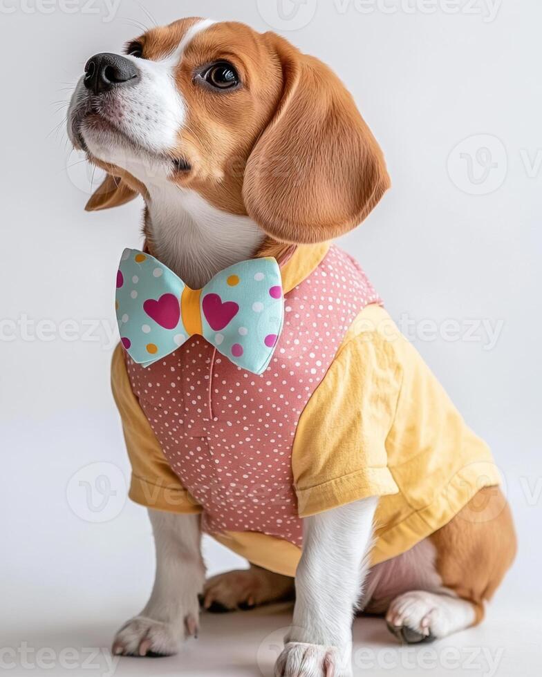 beagle wearing playful outfit with colorful bow tie, exuding charm and joy. This adorable dog showcases unique style that brings smiles to everyone photo