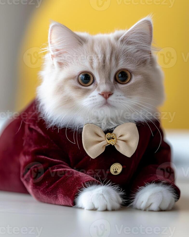 Luxurious Persian cat in red velvet suit with bow tie, exuding elegance and charm. This adorable feline captures attention with its expressive eyes and stylish outfit photo