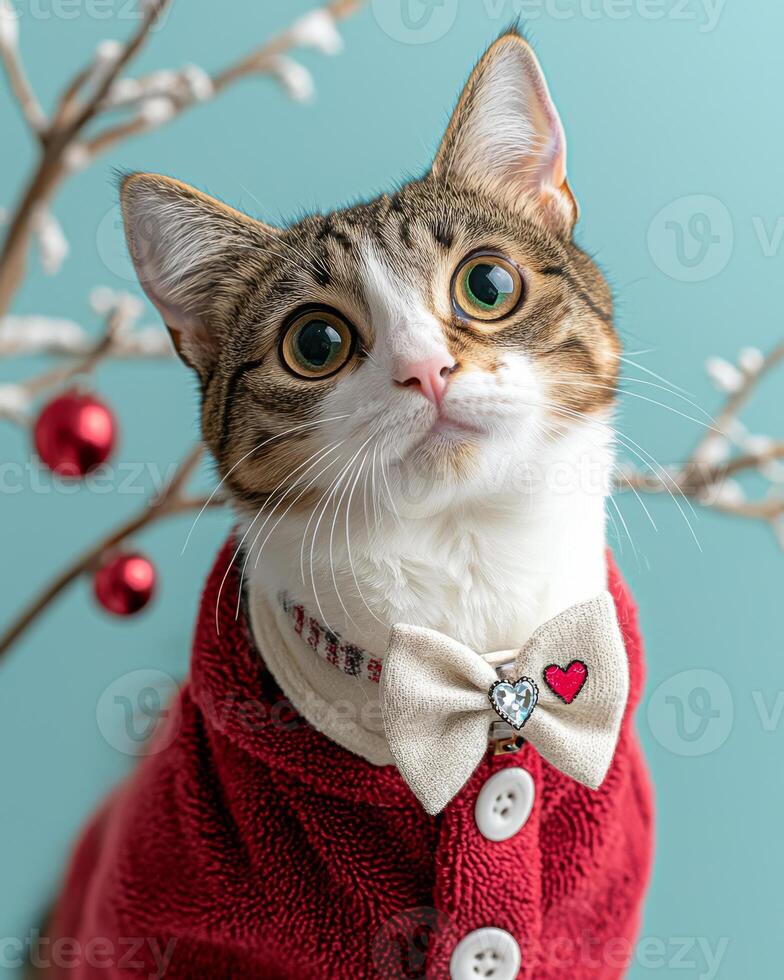 stylish cat wearing red jacket with bow tie, surrounded by festive decorations. cat expressive eyes and holiday theme create charming atmosphere photo