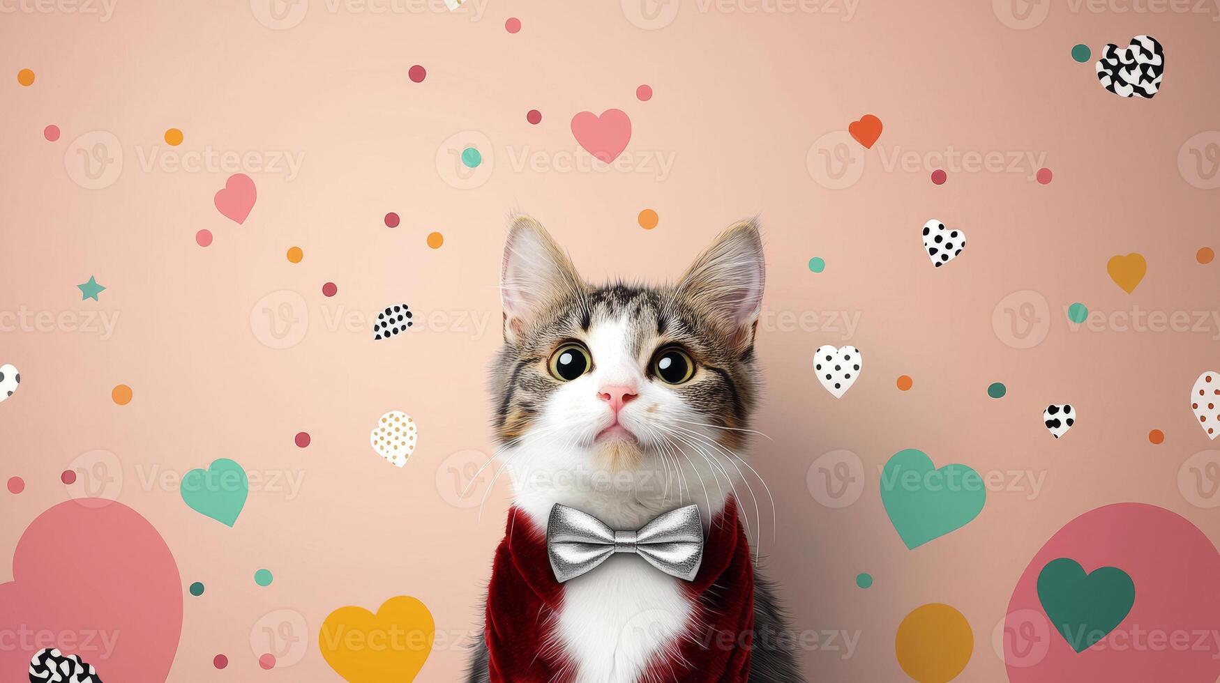 Maine cat in red velvet tuxedo with silver bow tie poses against colorful heart patterned background, exuding charm and elegance photo