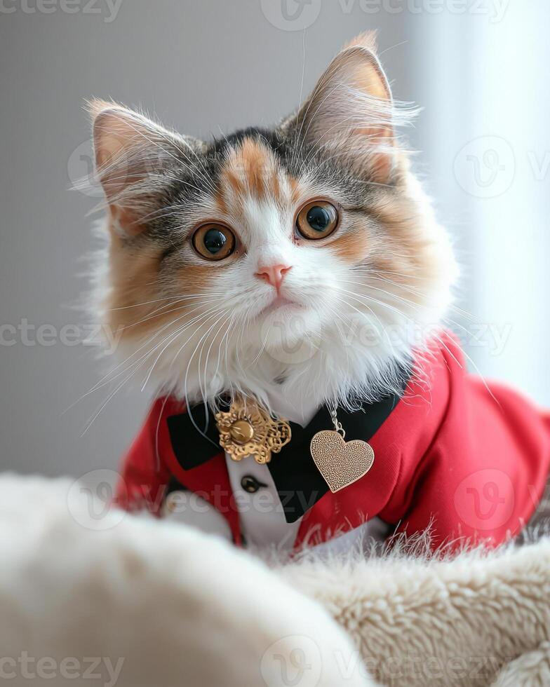 charming cat dressed in classic red tuxedo, showcasing its playful personality and striking features. This adorable feline captures attention with its expressive eyes and stylish outfit photo