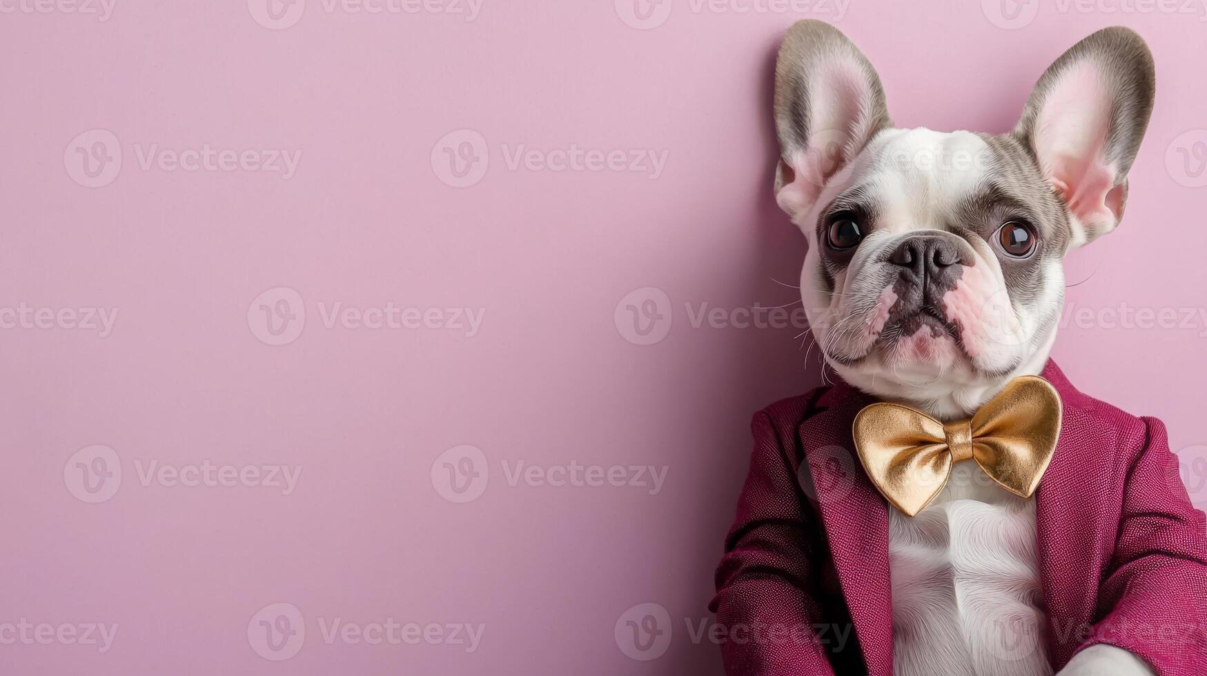 French bulldog in stylish red tuxedo with gold bow tie poses elegantly against pink background, exuding charm and sophistication photo