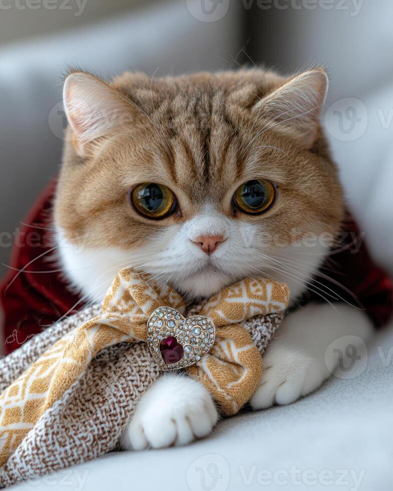 charming cat in red velvet outfit, adorned with decorative bow and heart brooch, exudes elegance and playfulness. This delightful feline captures attention with its expressive eyes and stylish photo