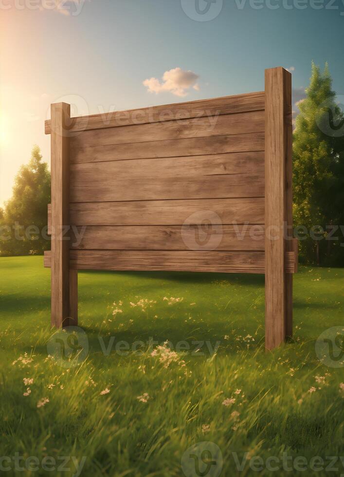 wooden sign on grass field with sun rising photo