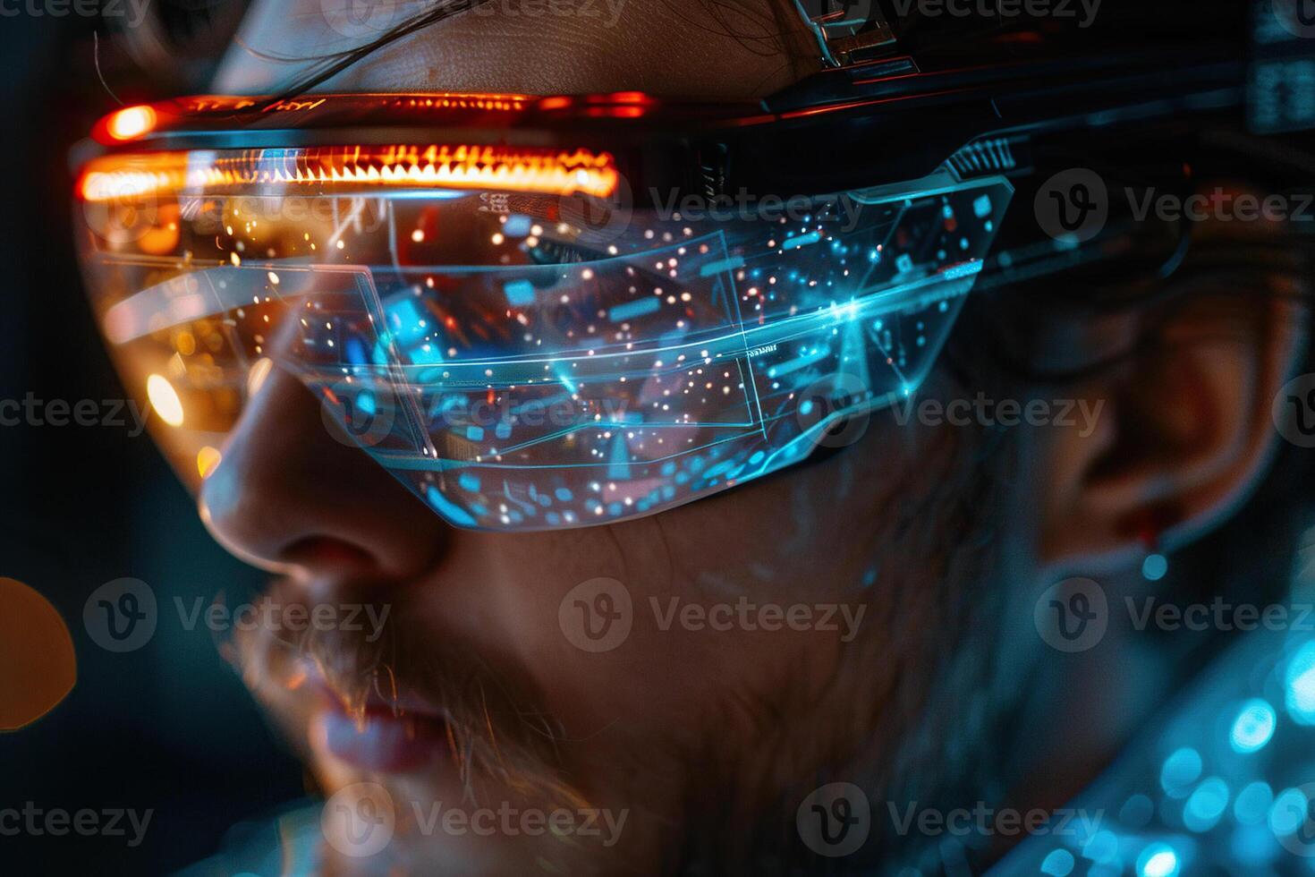 Closeup Portrait Of Caucasian man Wearing Augmented Reality Glasses And Surfing Multimedia all in one Entertainment, TV, Videos, Game Playing, Online Shopping. AR Interface Visualization. photo