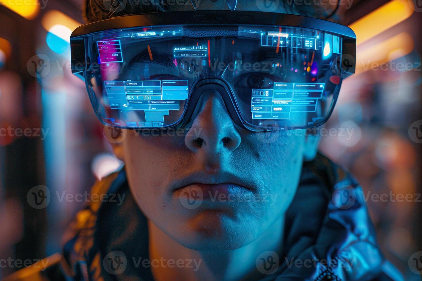 Closeup Portrait Of Caucasian man Wearing Augmented Reality Glasses And Surfing Multimedia all in one Entertainment, TV, Videos, Game Playing, Online Shopping. AR Interface Visualization. photo