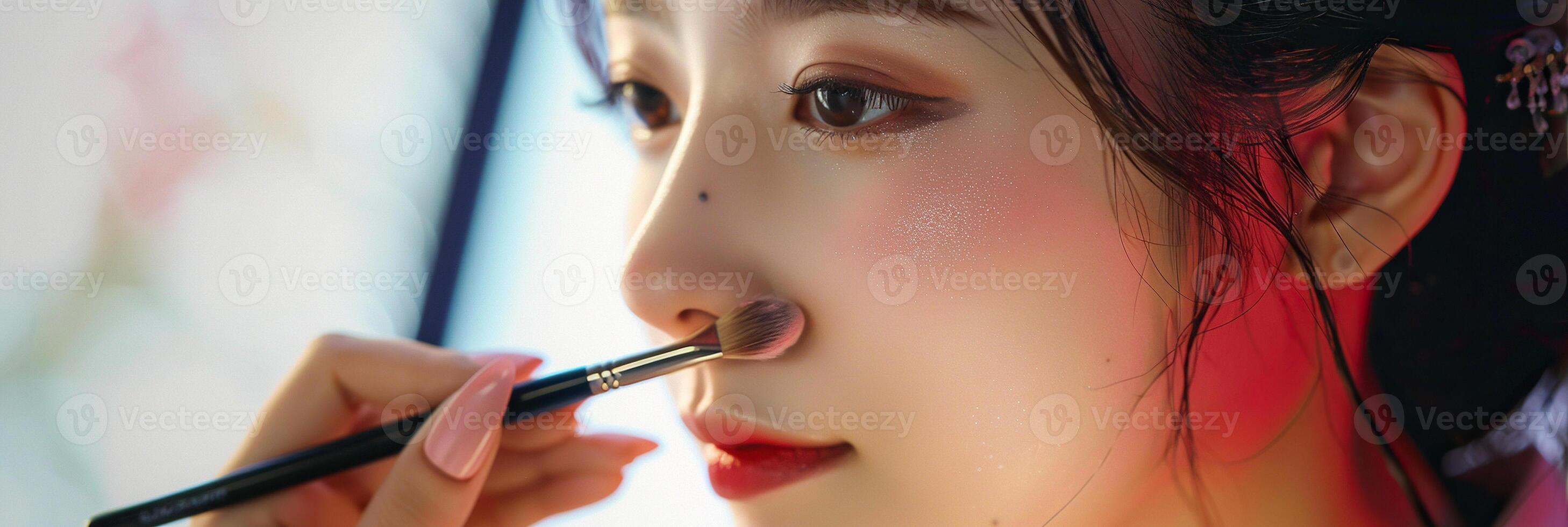 Makeup artist applies Makeup artist applies powder and blush . Beautiful Asian Woman face. Hand of make up master puts blush on cheeks beauty model girl . Make up in process . Beautiful woman photo