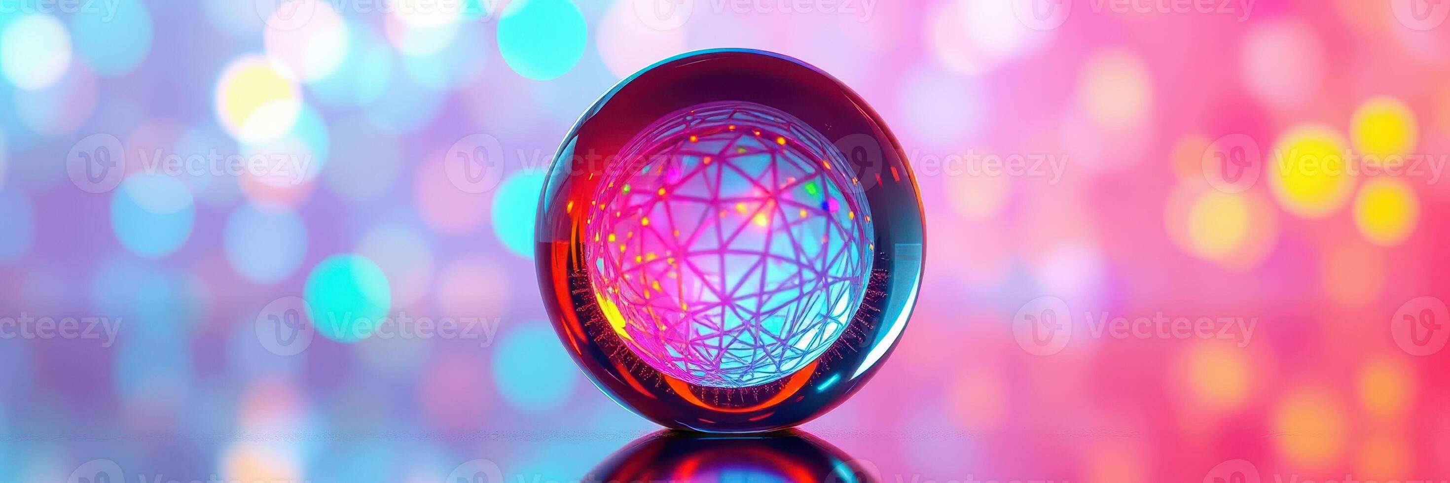 Colorful geometric sphere reflecting lights with intricate patterns during a vibrant event photo