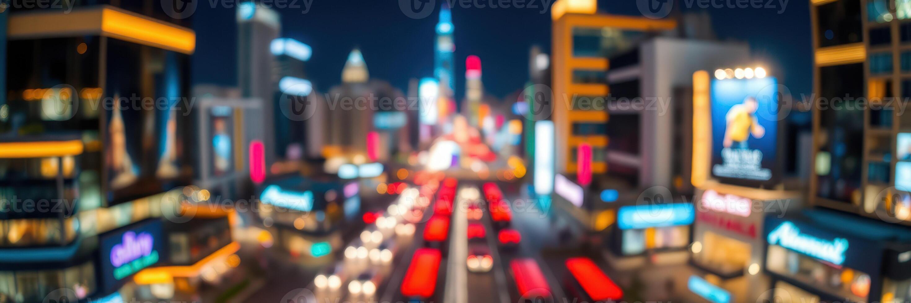Vibrant night cityscape with illuminated buildings and bustling traffic in an urban setting photo
