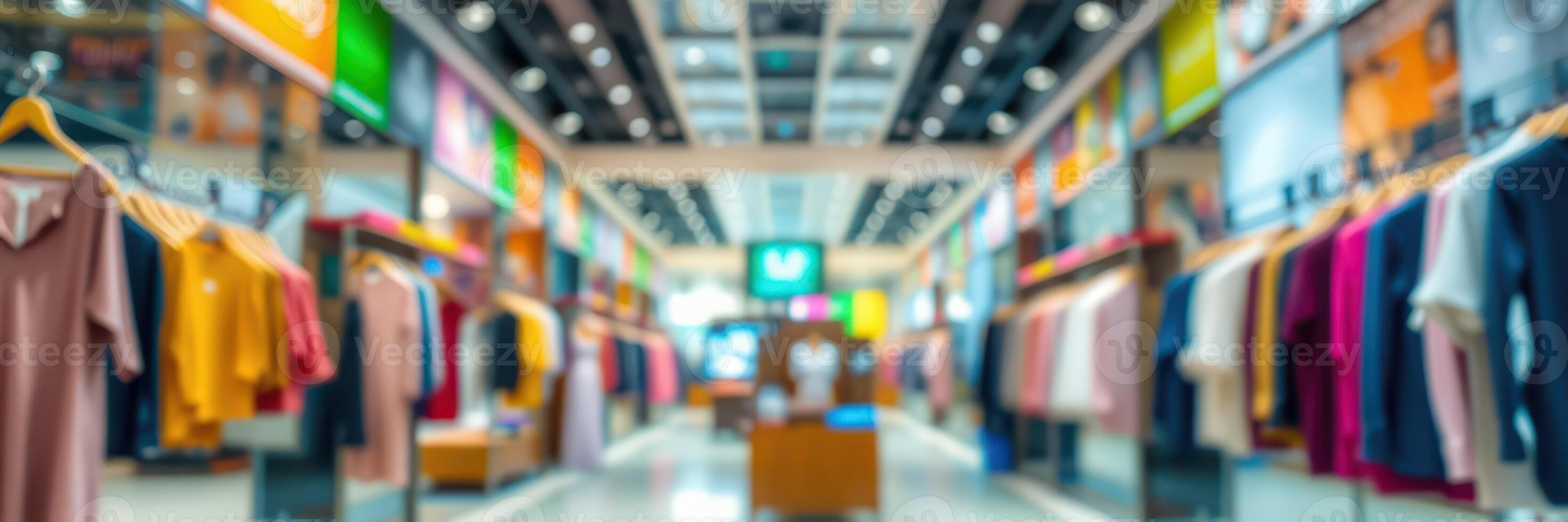 Colorful clothing display in a modern retail store with bright lights and organized layout photo