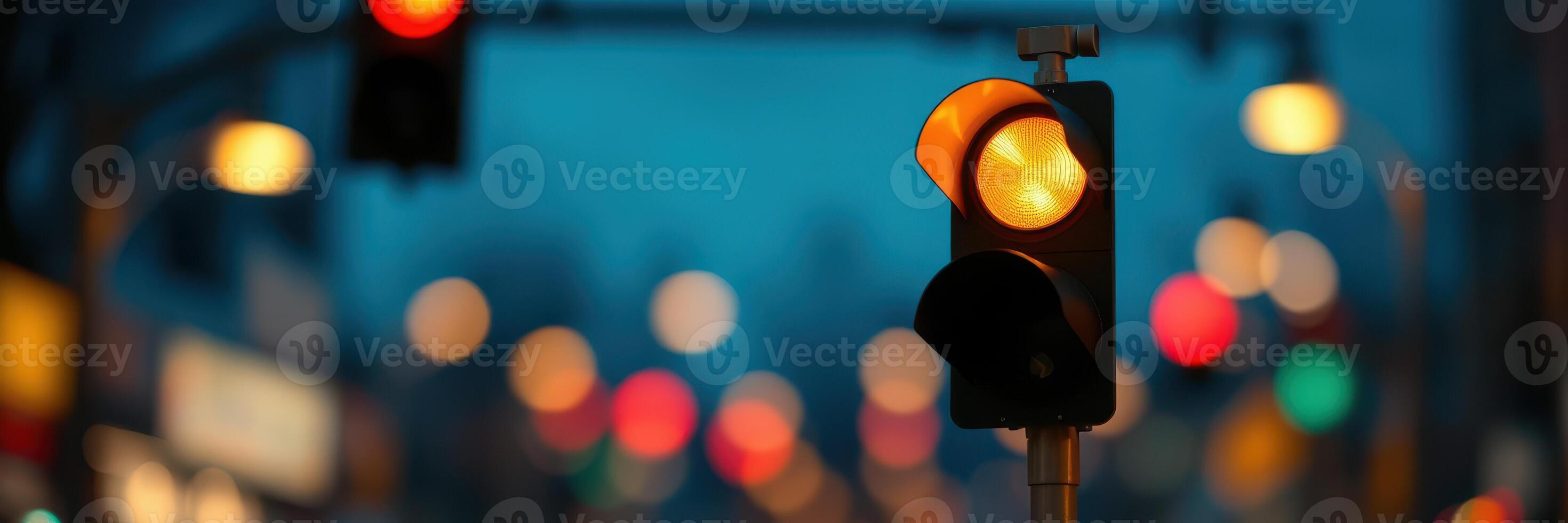Traffic light at dusk illuminating busy intersection with vibrant city lights in the background photo