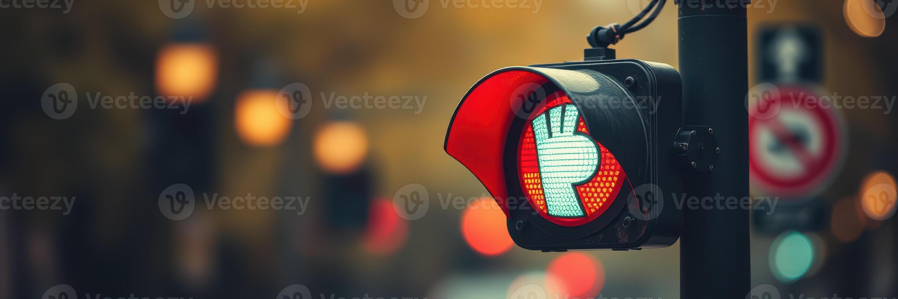 Traffic signal displaying red hand signifying stop for pedestrians in an urban setting during evening hours photo