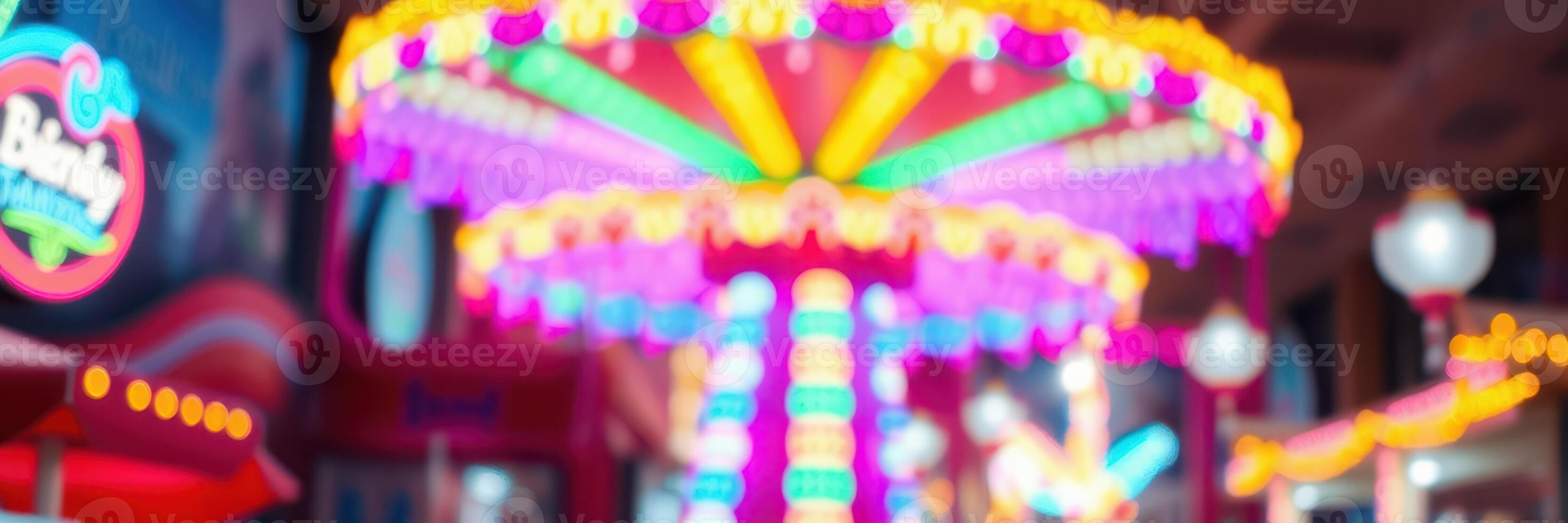 Colorful amusement park ride illuminated with bright lights in a festive indoor environment at nighttime photo