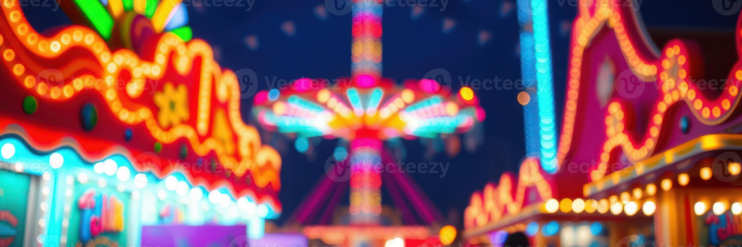 Colorful carnival lights illuminate the night as families enjoy rides and games at the local fairground photo