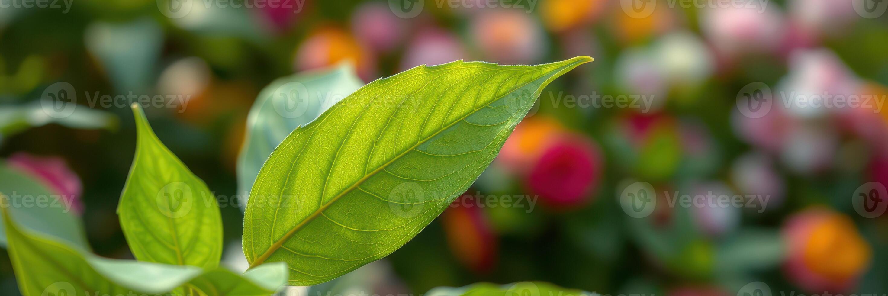 Bright green leaf with blurred colorful flowers in the background during a sunny day in a garden photo