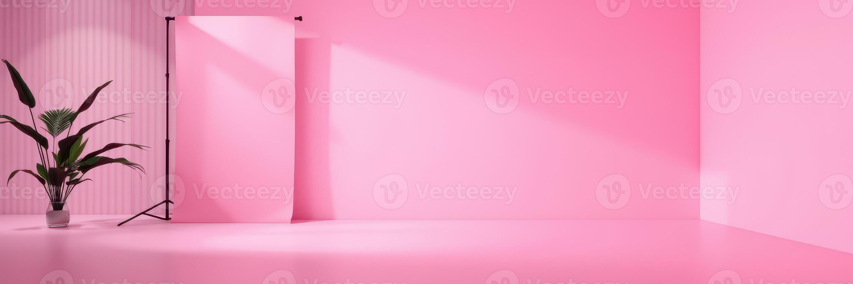 Bright pink studio space featuring a plant and backdrop for creative photography sessions photo