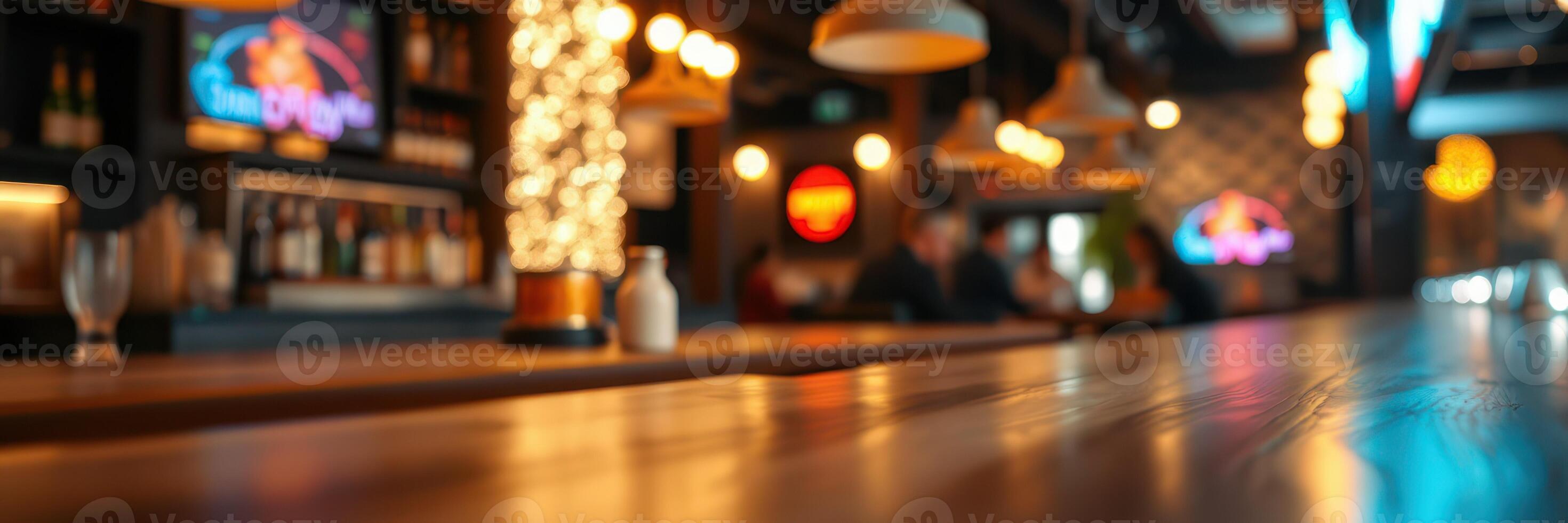Bar interior with warm lighting and a lively atmosphere in the evening photo