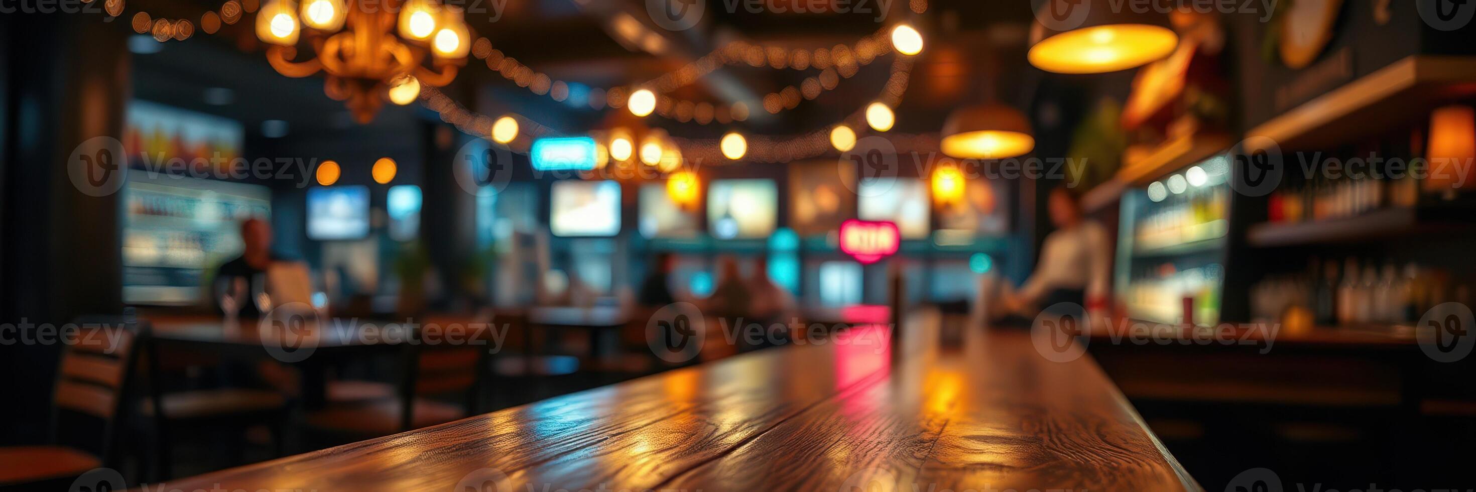 Cozy evening atmosphere in a dimly lit bar featuring wooden countertops and decorative lights photo